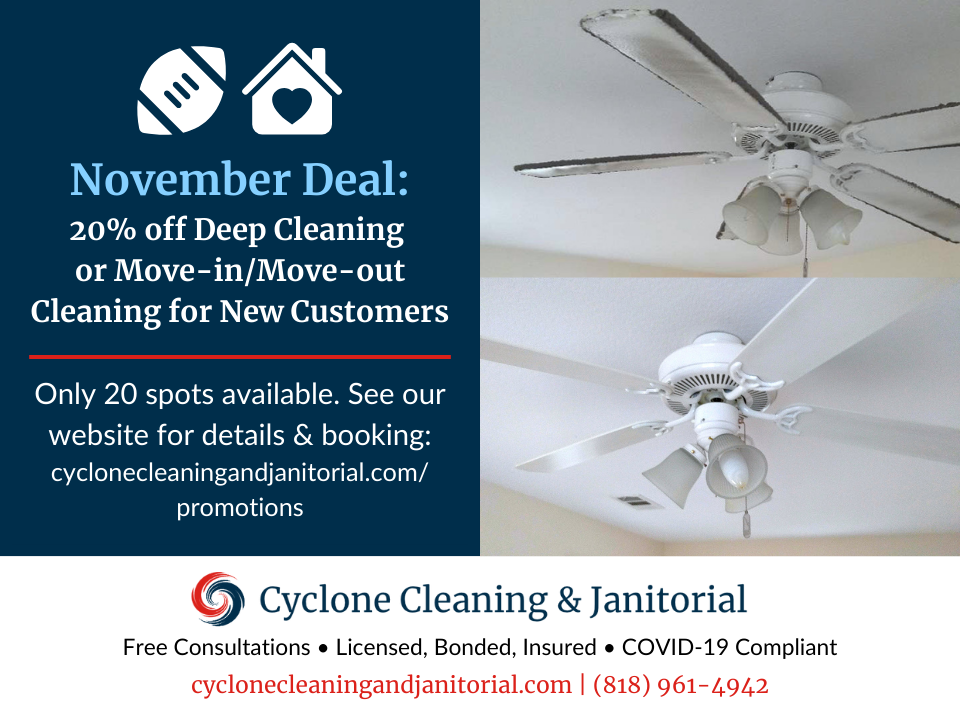 Cyclone Cleaning November deal: 20% off deep cleaning or move-in/move-out cleaning services for new customers. Limited to 20 spots. Contact Cyclone via their website for more info and booking.