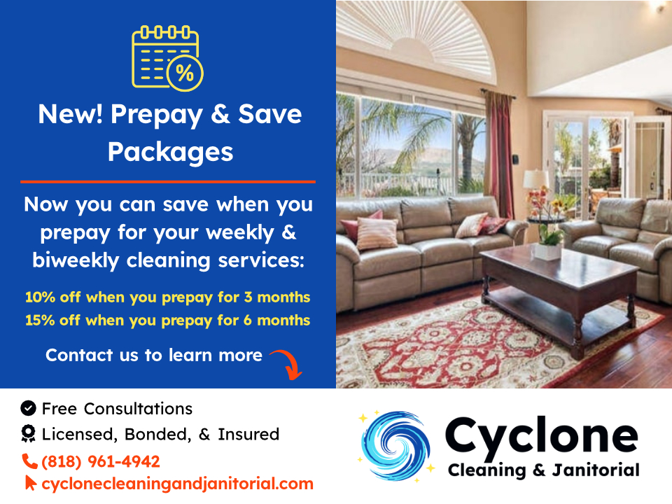 New Prepay & Save Packages on weekly and biweekly cleaning services. Save 10% when you prepay for 3 months and save 15% when you prepay for 6 months.